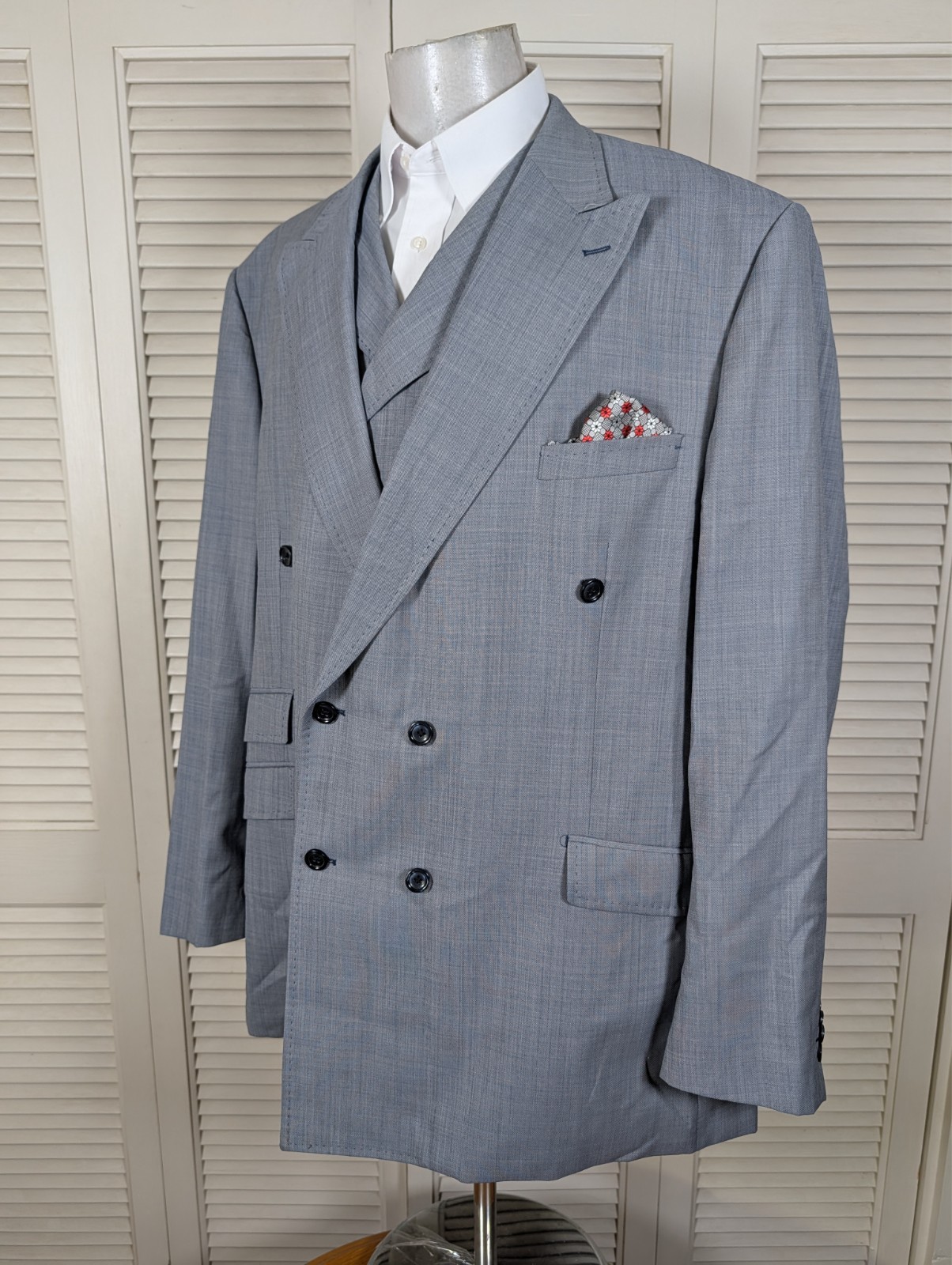 Tiglio Rosso 3 Piece Suit Mens 56L Pants 48×34 Light Gray Double Breasted 150s