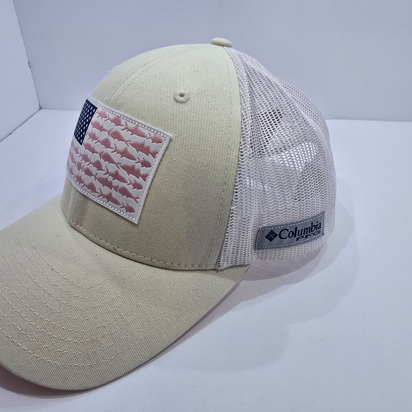 Columbia PFG Hat Cap Trucker American Flag Fishing Fish Cream Beige Snap Back