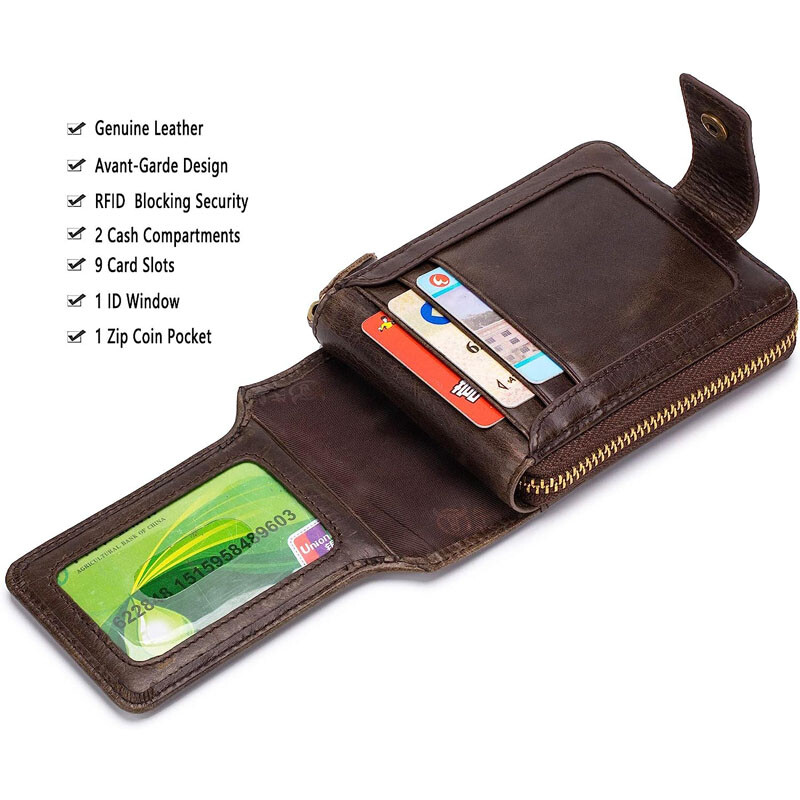 Zipper Wallet Mens Genuine Leather RFID Blocking Bifold Zip Around Card Holder W