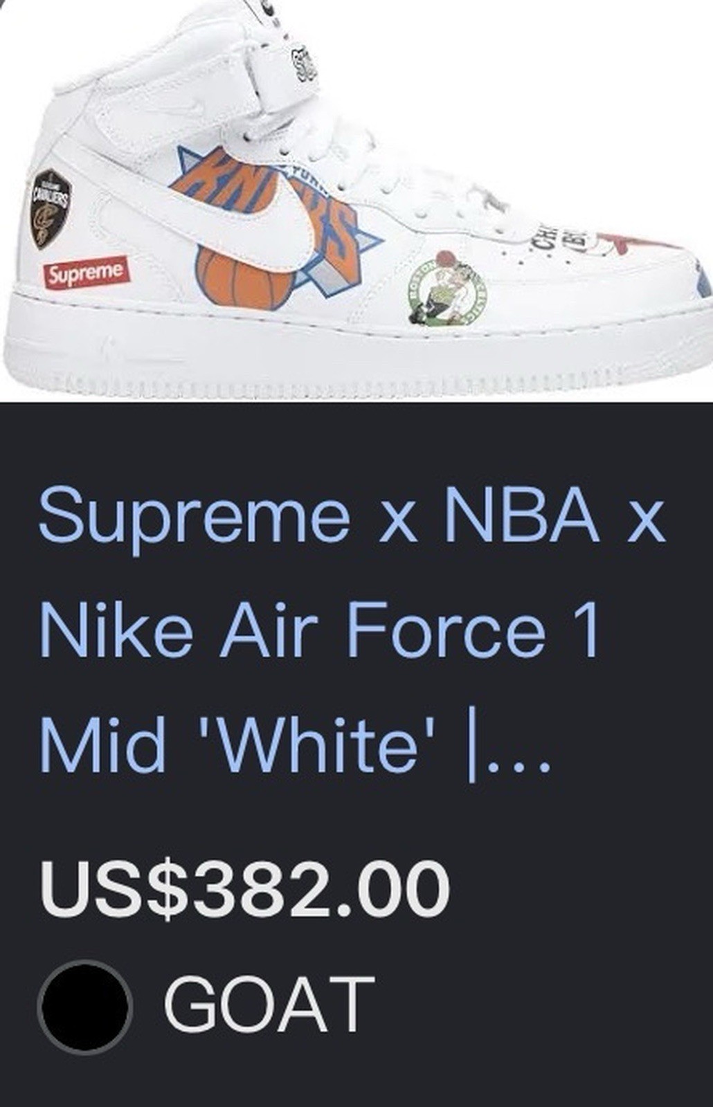 Supreme Nike Air Force 1 Mid White NBA Logo Graphic Pre-Owned