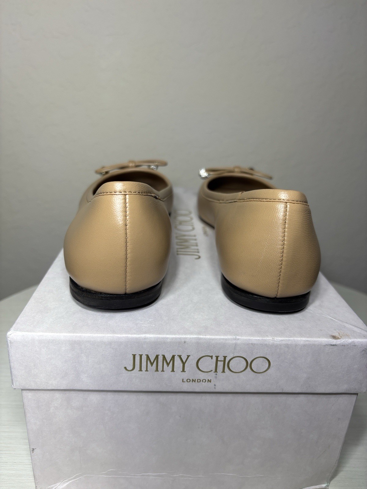 Jimmy Choo “Elme” Biscuit Nappa Leather Pearl Crystal Bow Ballet Flats 36 NIB