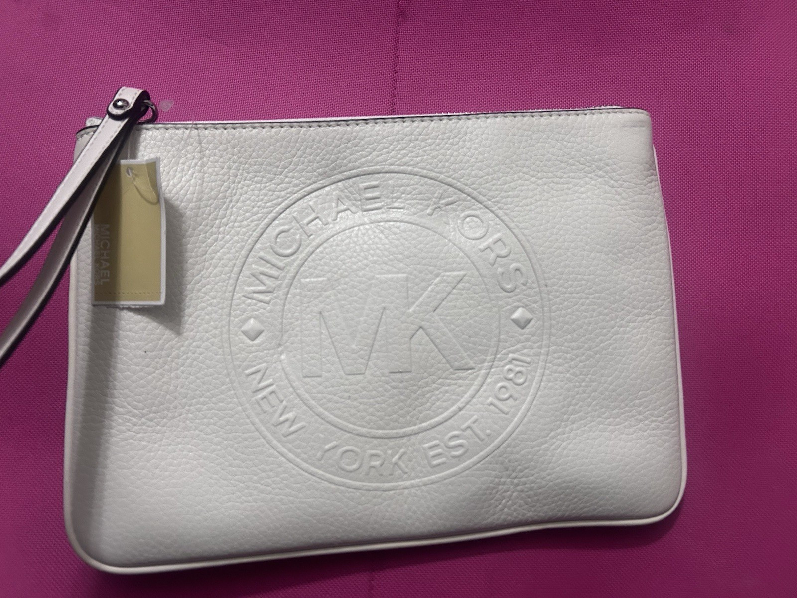 Michael Kors Logo Wristlet Pouch White Zip Wrist Strap Silver Hardware