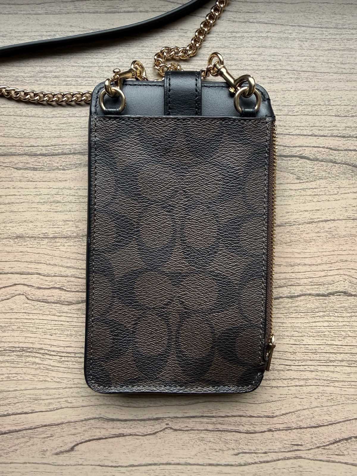 COACH C7397 North South Phone Crossbody Signature Canvas Brown Black Gold Chain