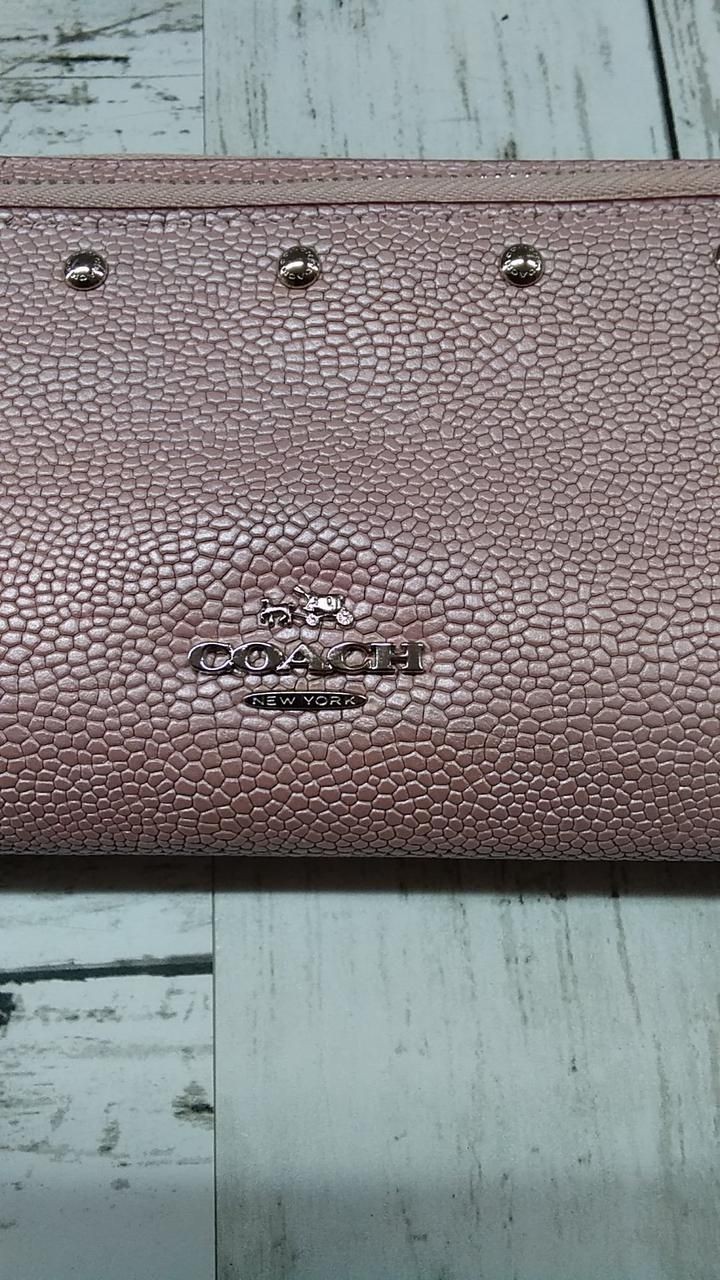 Coach Double Zip Round Wallet Pink × silver studs Used
