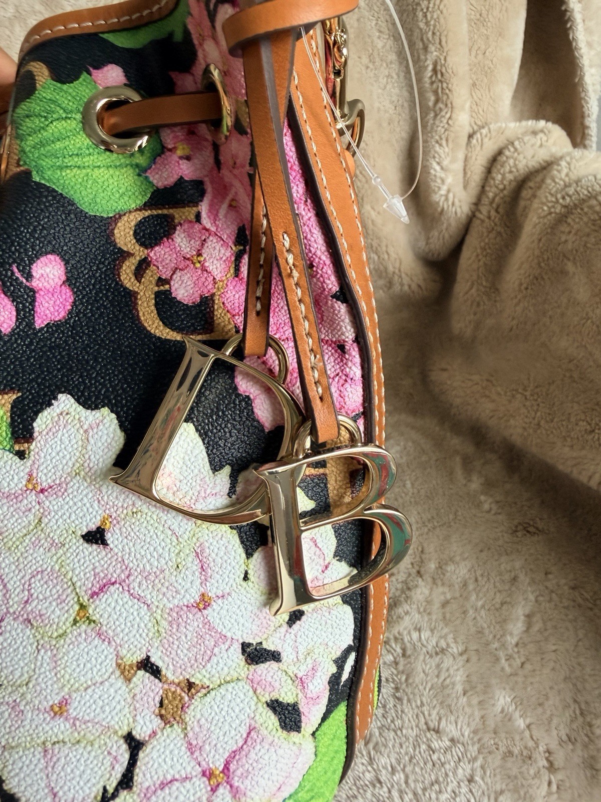 Dooney & Bourke Floral Drawstring Bucket Crossbody Bag Small Gold Hardware