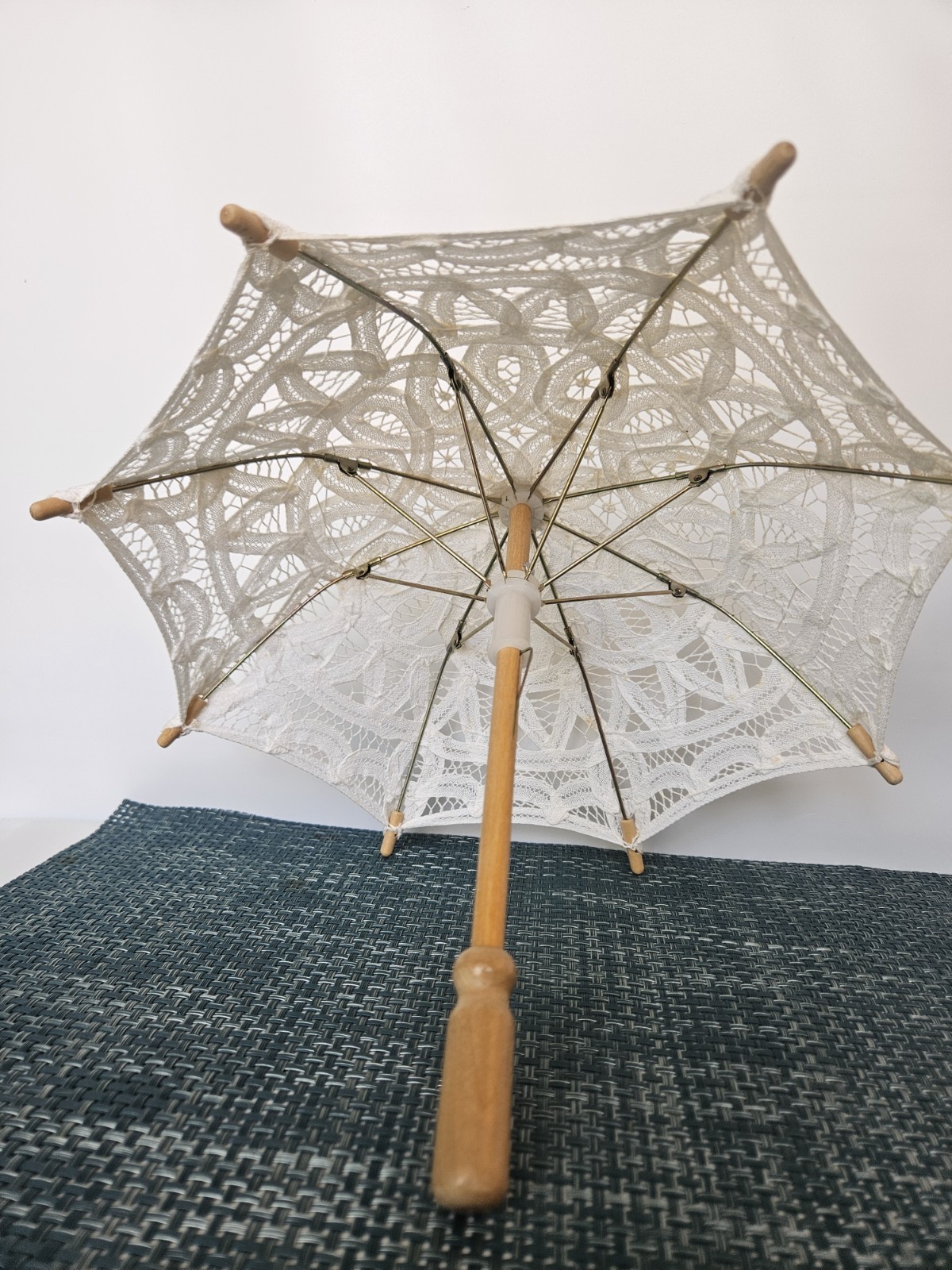 Mini Victorian Style Ivory Lace Parasol Umbrella for Women w/ Wooden Handle