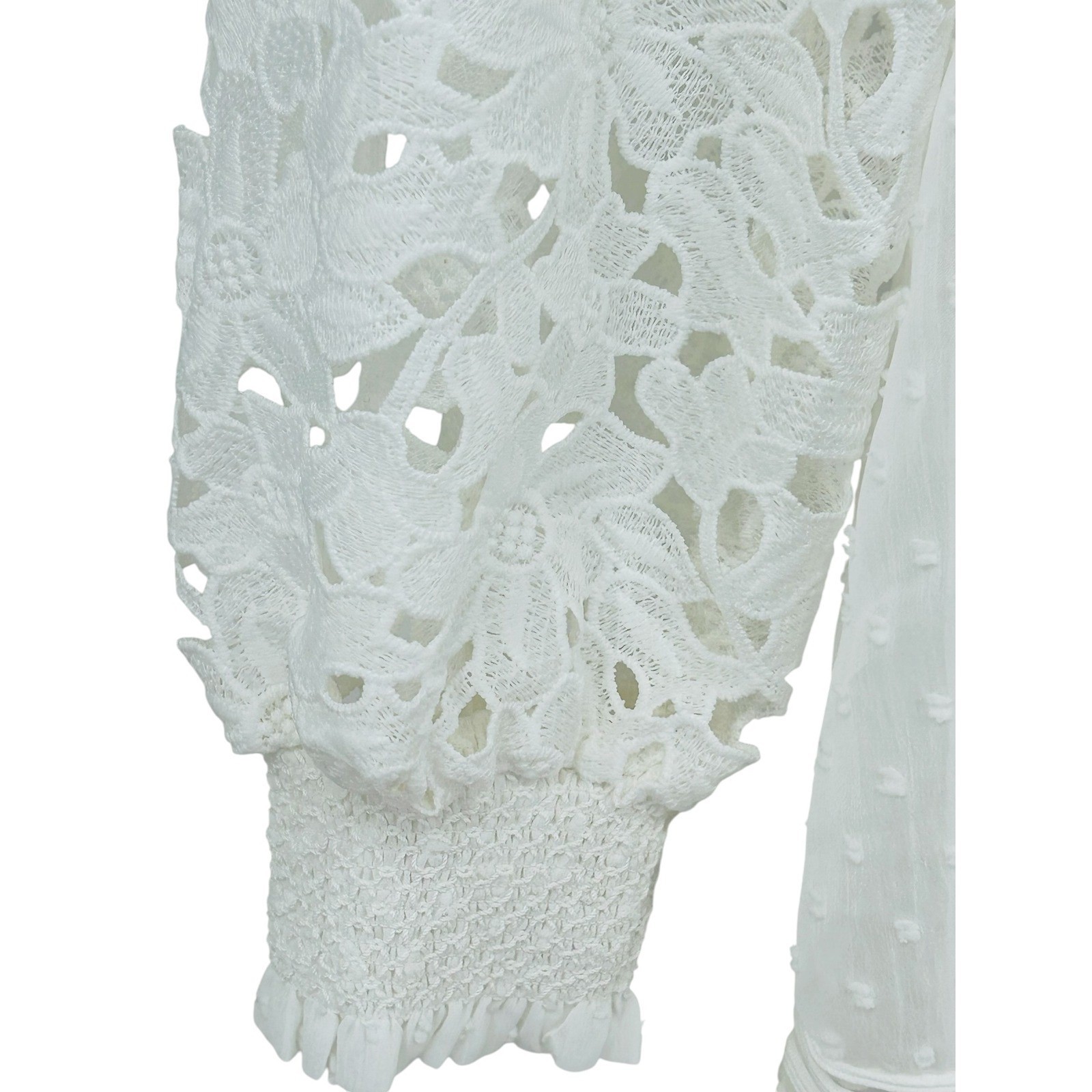 Hesperus White Lace Mini Dress Boho Pom Pom Swiss Dot Long Sleeve Size L