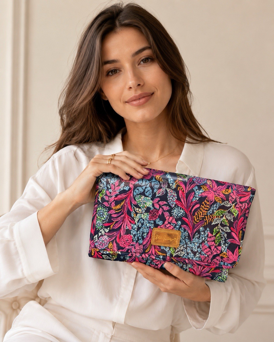 Lilly Pulitzer floral Zip Pouch Clutch with Leather Logo Patch
