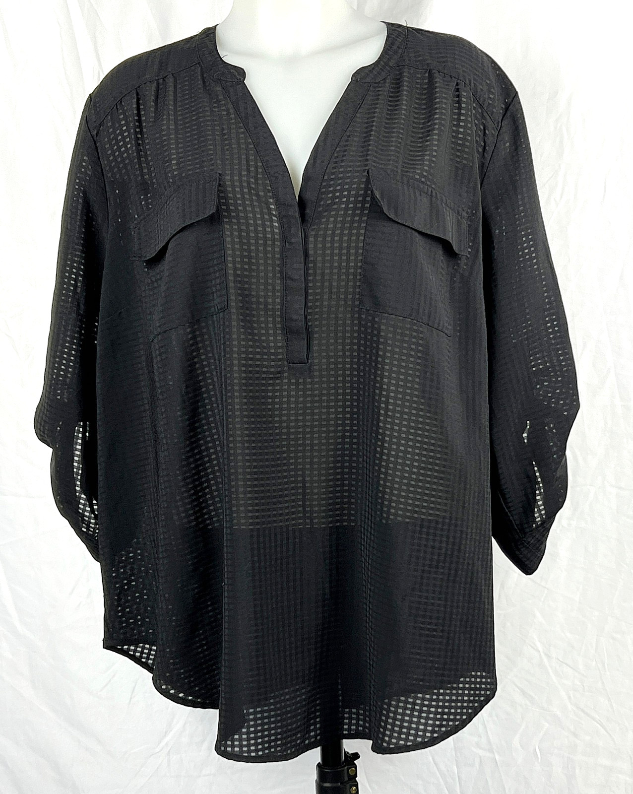 Torrid Harper Black Sheer Grid Polyester 3/4 Sleeve Shirt 2X (Torrid 2)