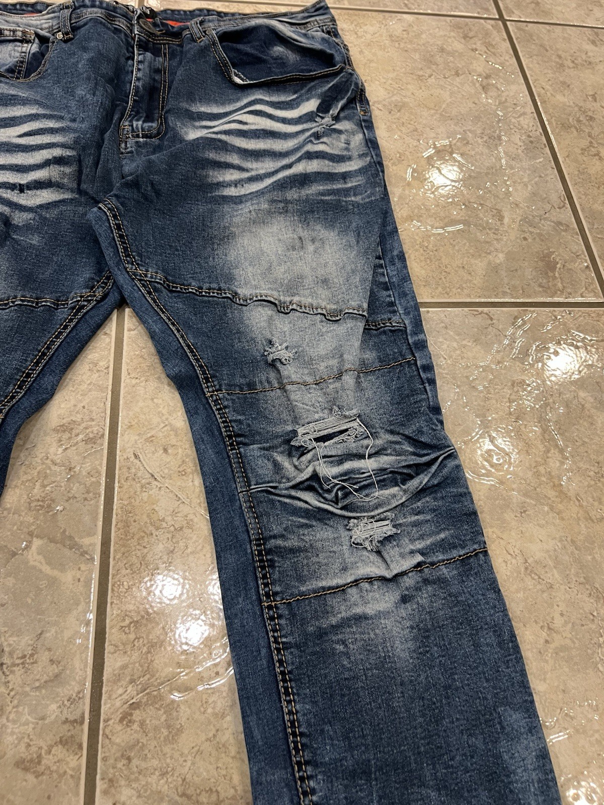 ENCRYPTED Men’s 40 Acid Wash Biker Jeans Slim Fit Moto Skinny Blue Denim