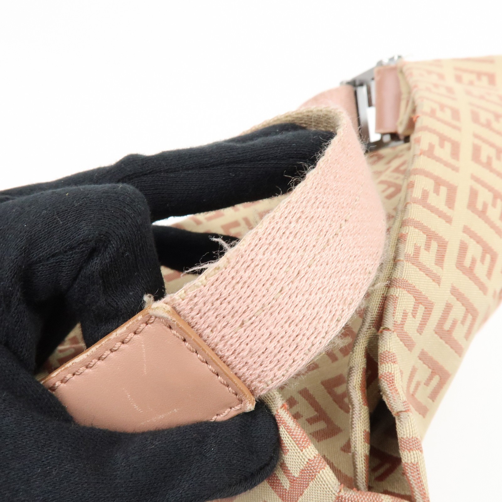 FENDI Zucchino Canvas Leather Shoulder Bag Beige Pink 8BR318 Authentic Used F/S