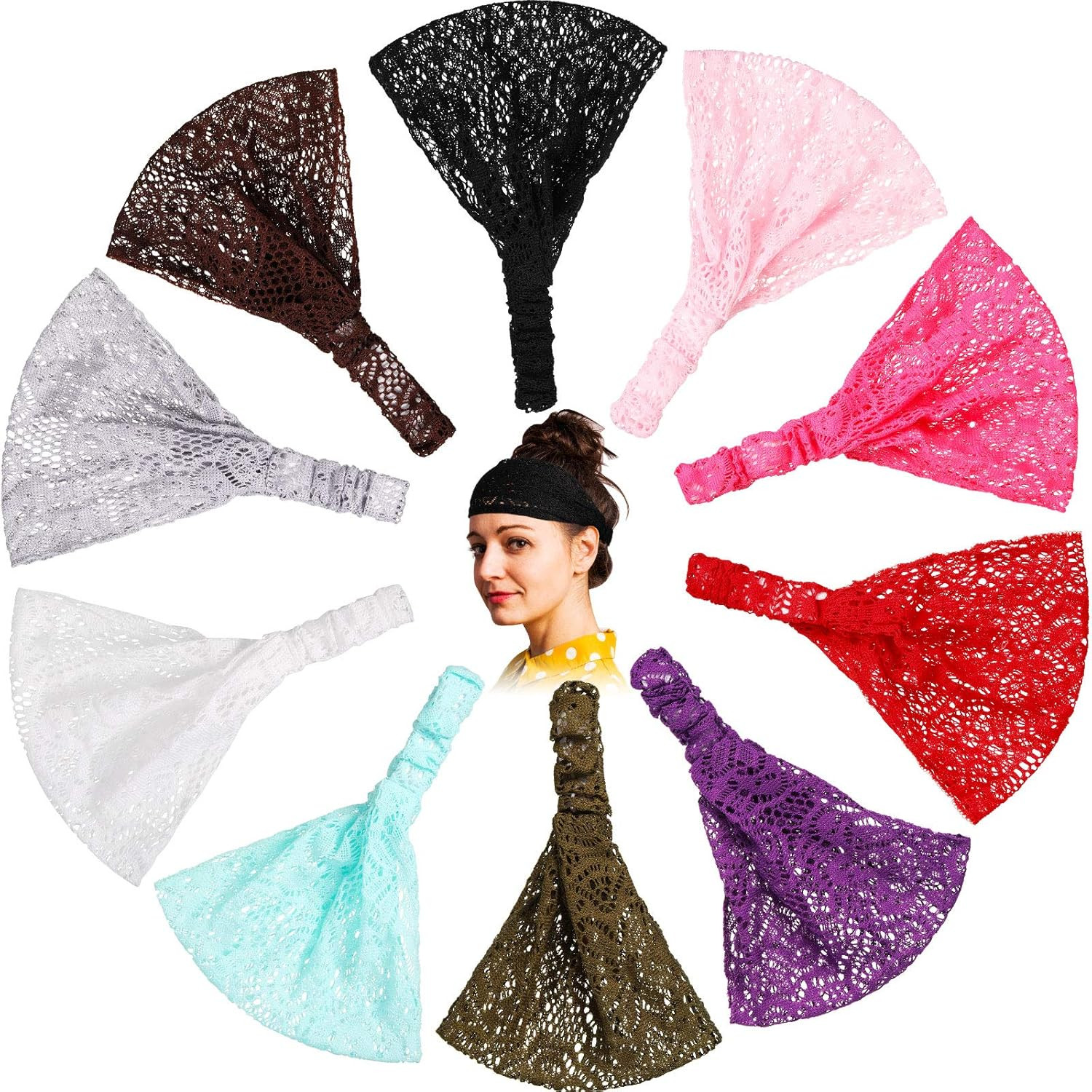 WILLBOND 10 Pieces Lace Elastic Headwrap Lace Elastic Headbands Boho Bandana Boh