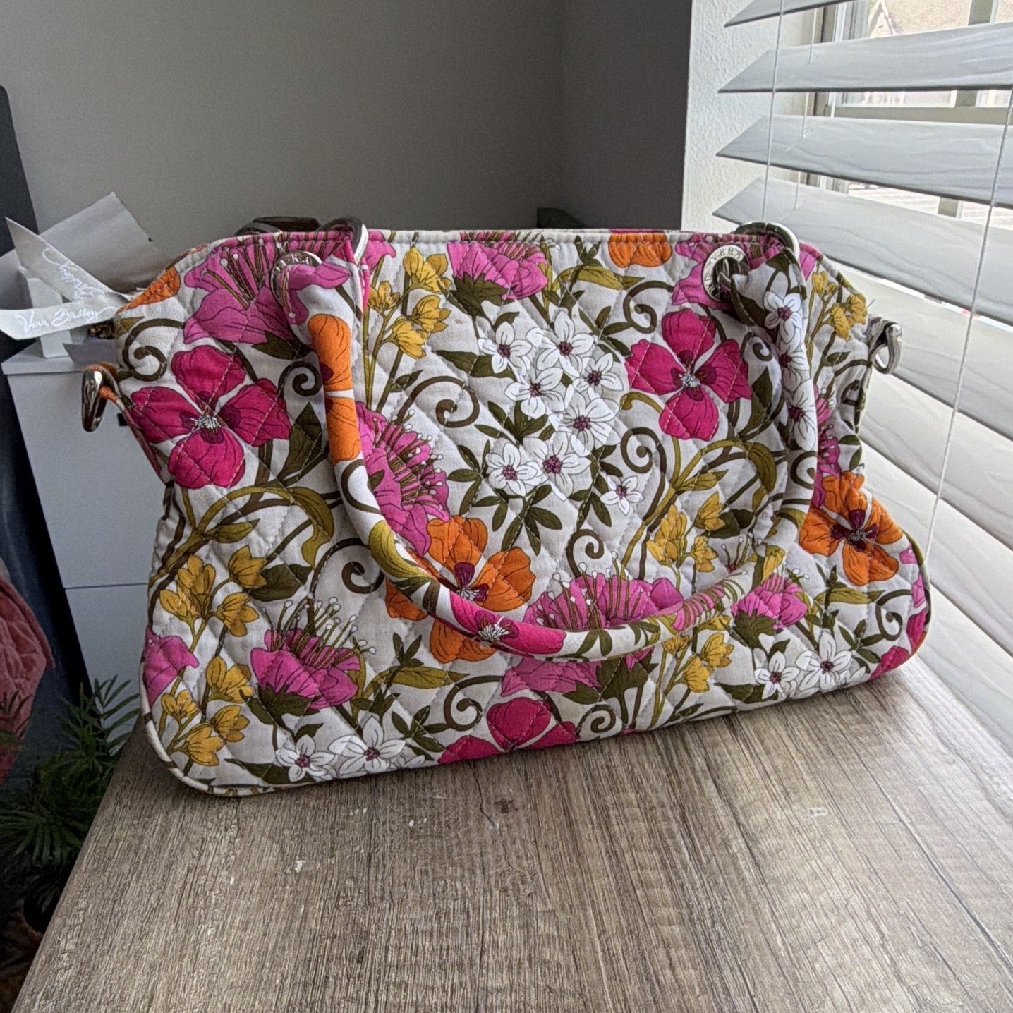 Vera Bradley Tea Garden Satchel Purse Zip Top Lined Inner Pockets