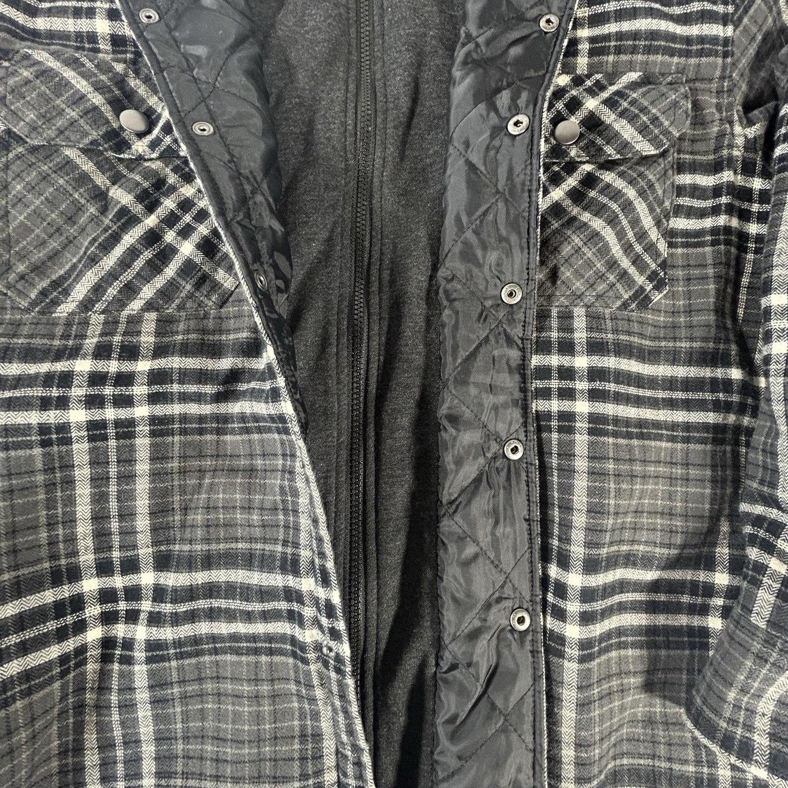 Eddie Bauer Jacket Mens Medium Gray Plaid Quilted Hooded Flannel Lined Coat