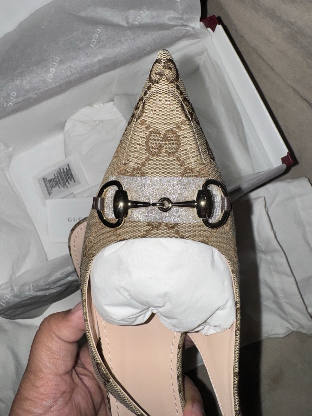 Gucci GG Monogram Horsebit Slingback Pointed Toe Leather Heels US 10.5