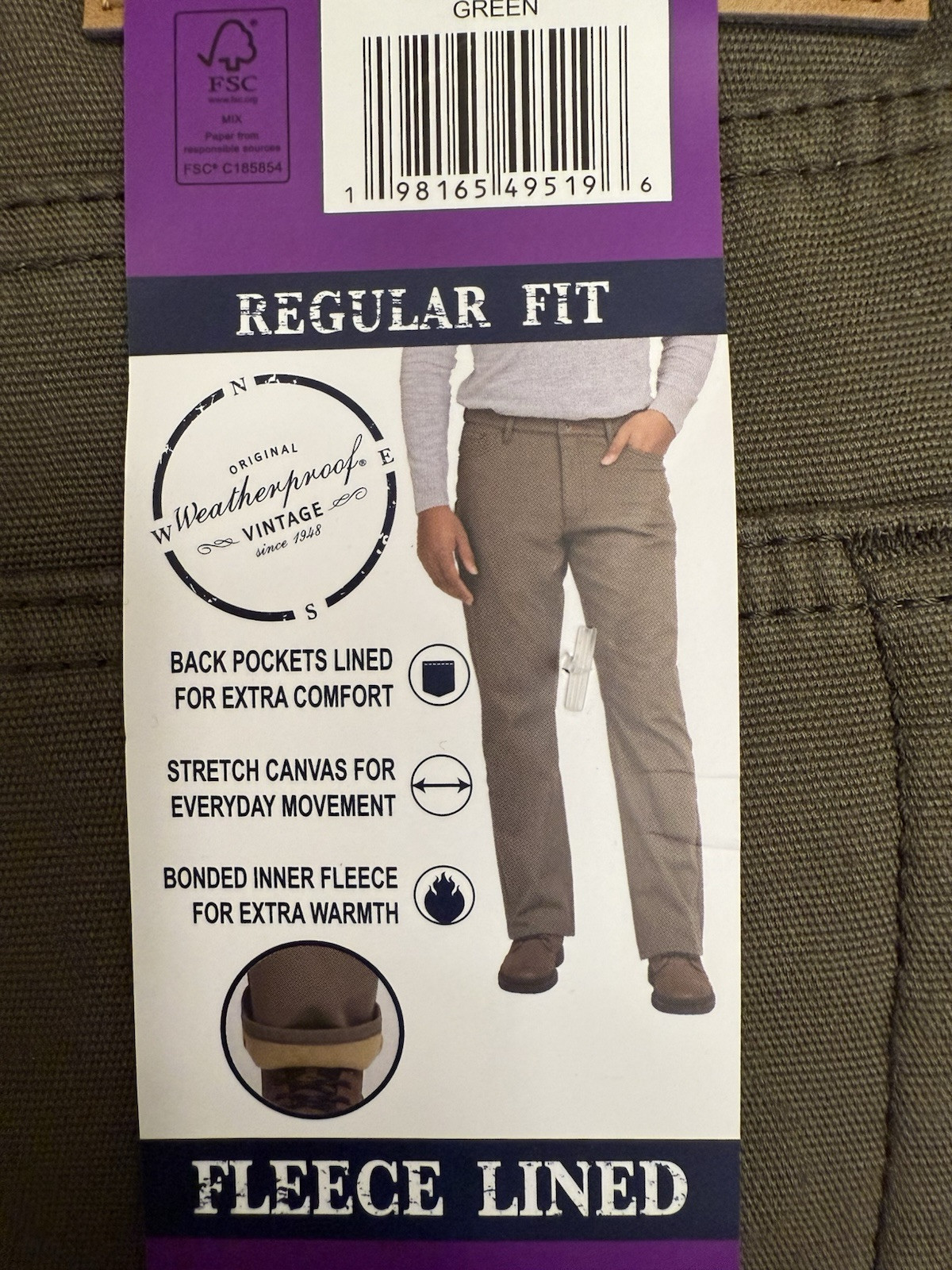 NWT Men’s Weatherproof Vintage Bonded Fleece Lining Stretch Canvas Pant 40X30