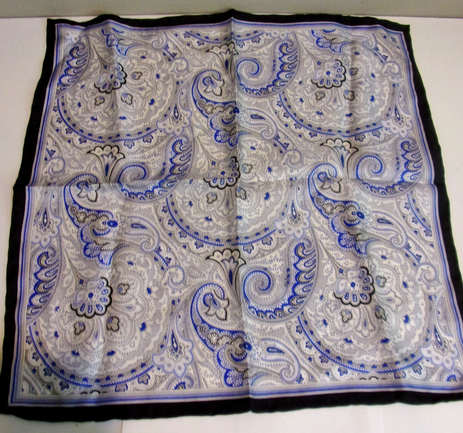 Piatelli ,Shades of Blue, Black Border,100% Silk Hand Rolled 16″ X ” Scarf