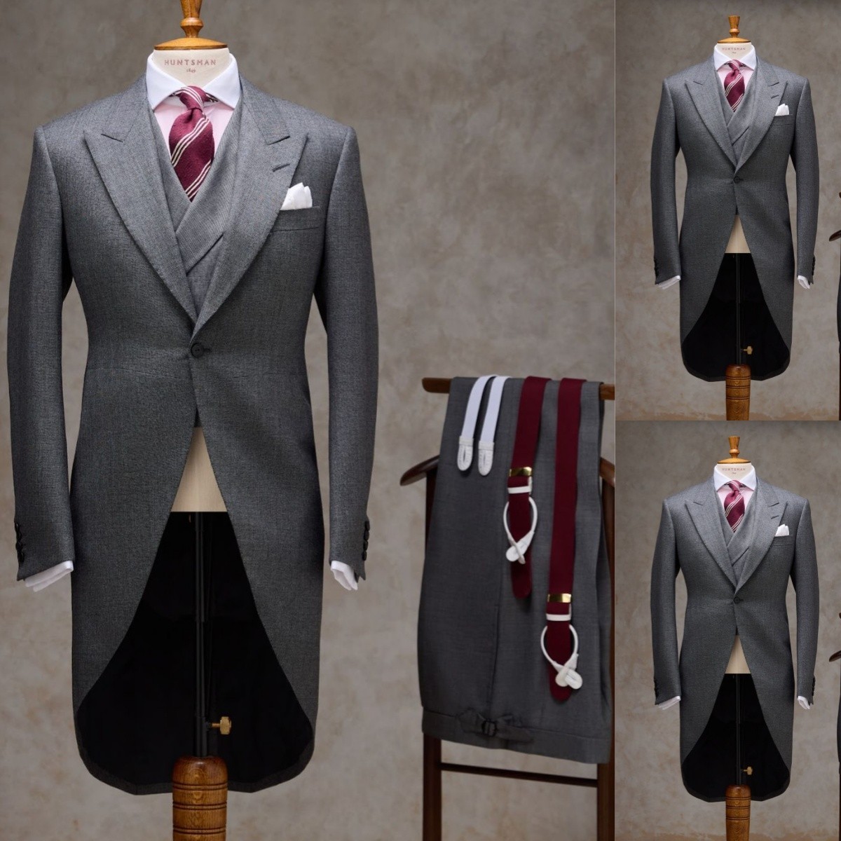 Gray Tailcoat Men’s Suit 3Pcs Dinner Peak Lapel Formal Business Jacket Coat