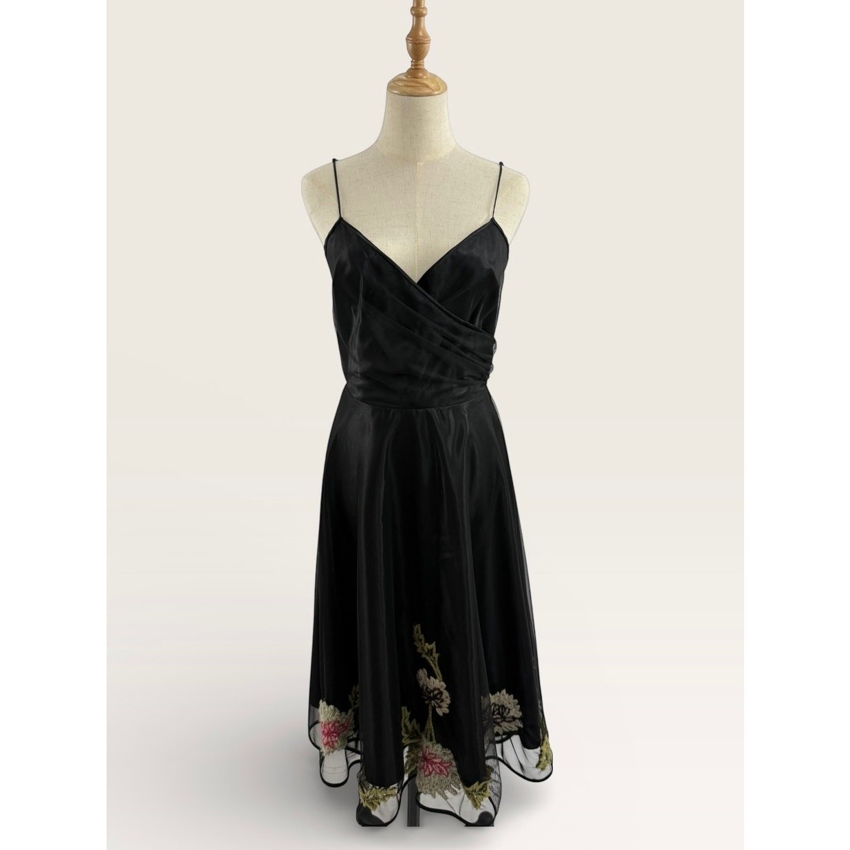 Betsey Johnson Black Taffeta/Chiffon Overlay Dress w/ Floral Embroidery, Size 6