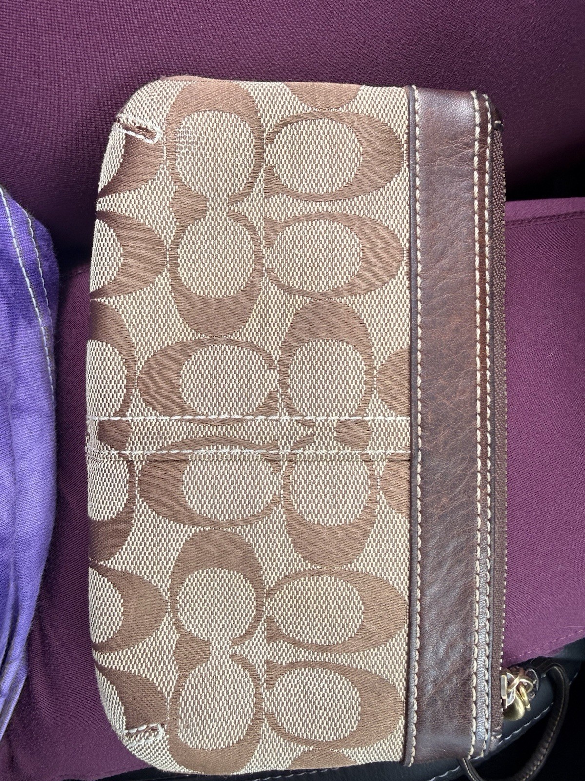 Coach Classic Logo Pattern Zip Wristlet with Wrist Strap Brown Beige