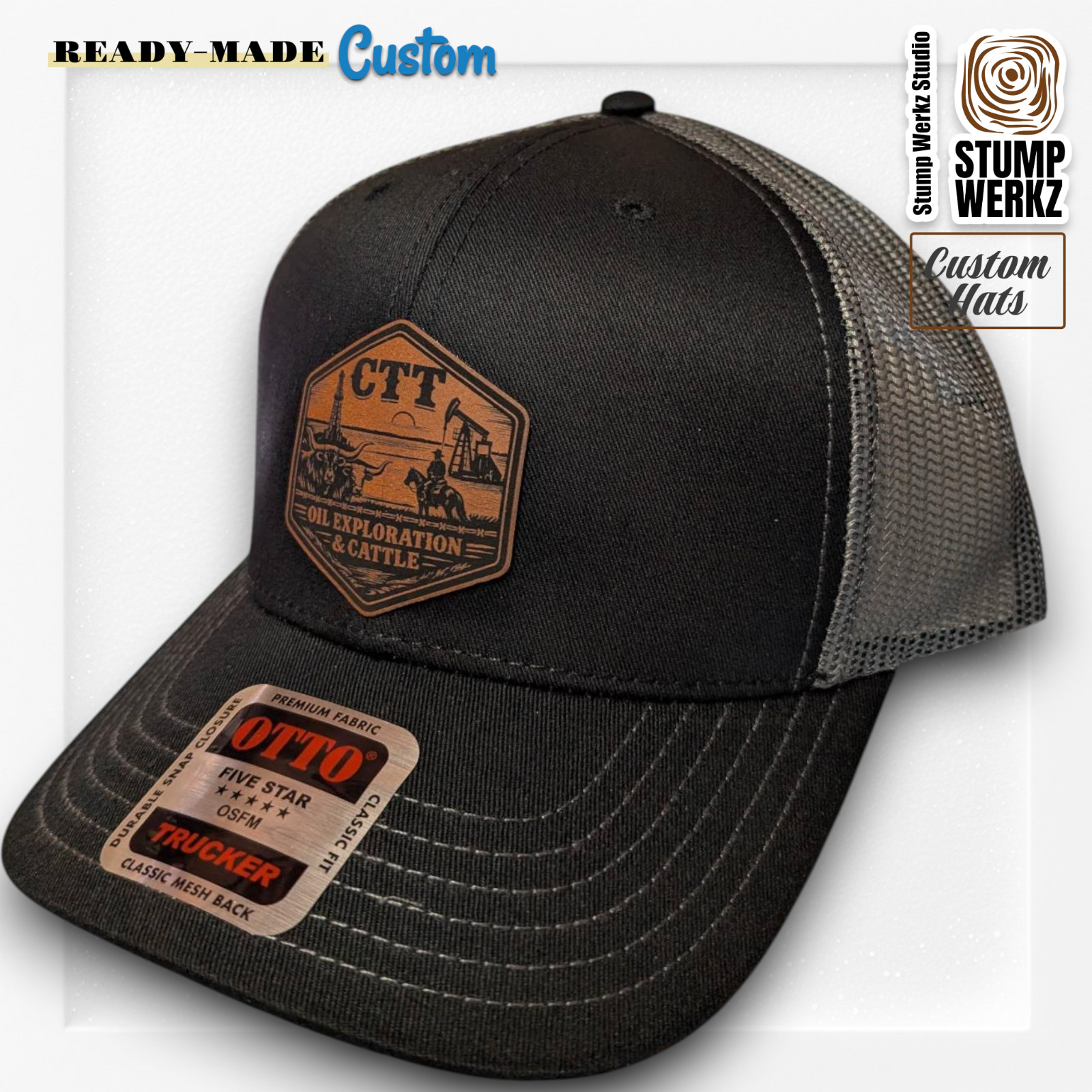 Custom Hat Trucker Baseball Cap Leather Patch CTT Oil Exploration & Cattle Texas