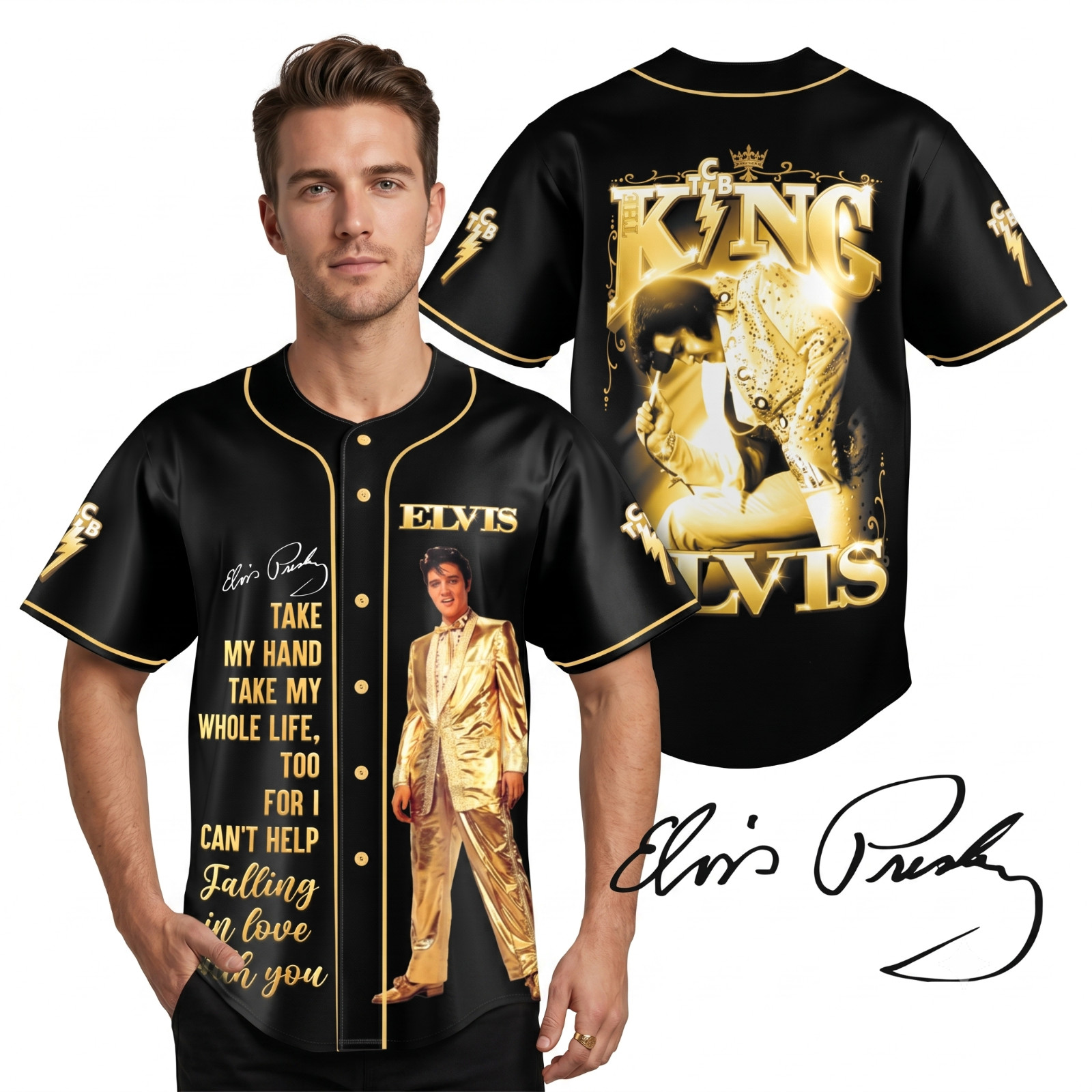 The King Elvis Presley Take My Hand Black Gold Baseball Jersey Fan Gift