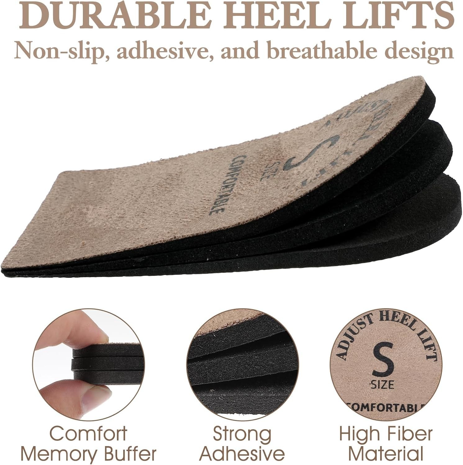 2 Pack Adjustable Heel Lifts, Brown Shoe Inserts (Small), Cushioned Comfort Pads