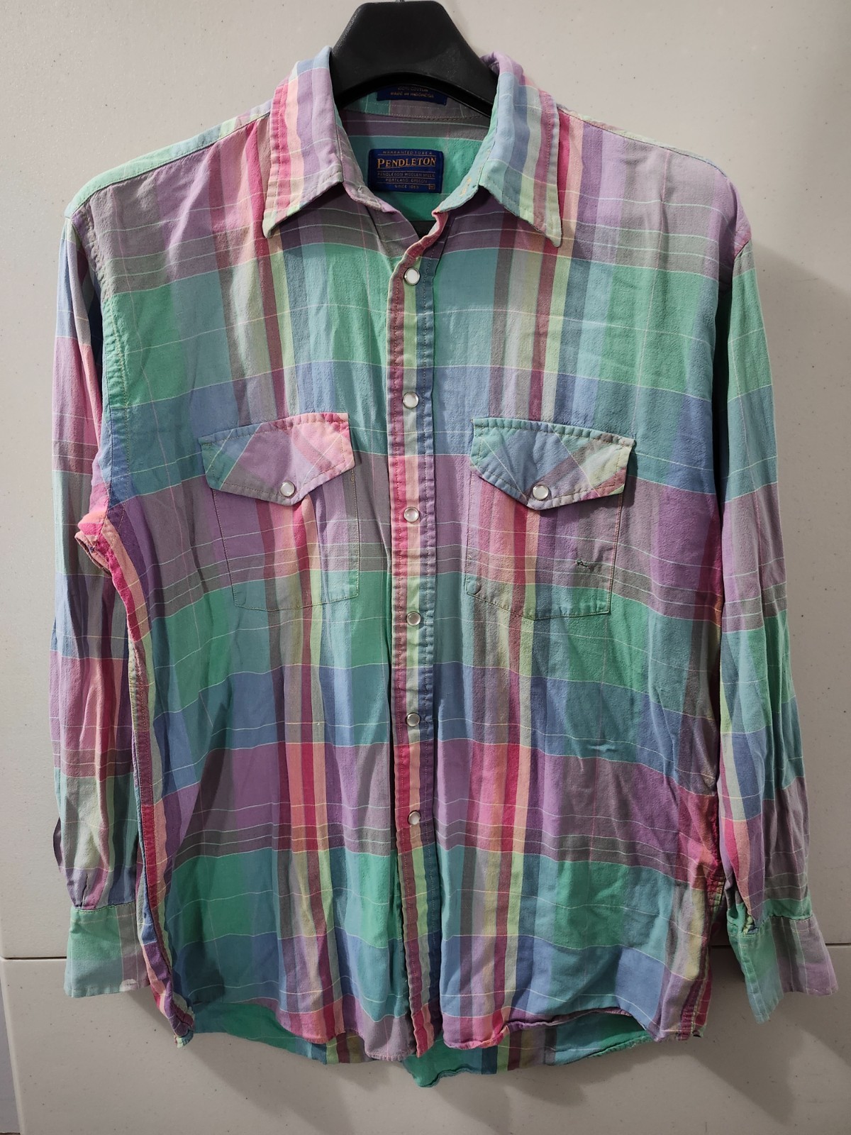 Pendleton Shirt Mens M Flannel Pearl Snap Western Plaid Cotton Pockets Colorful
