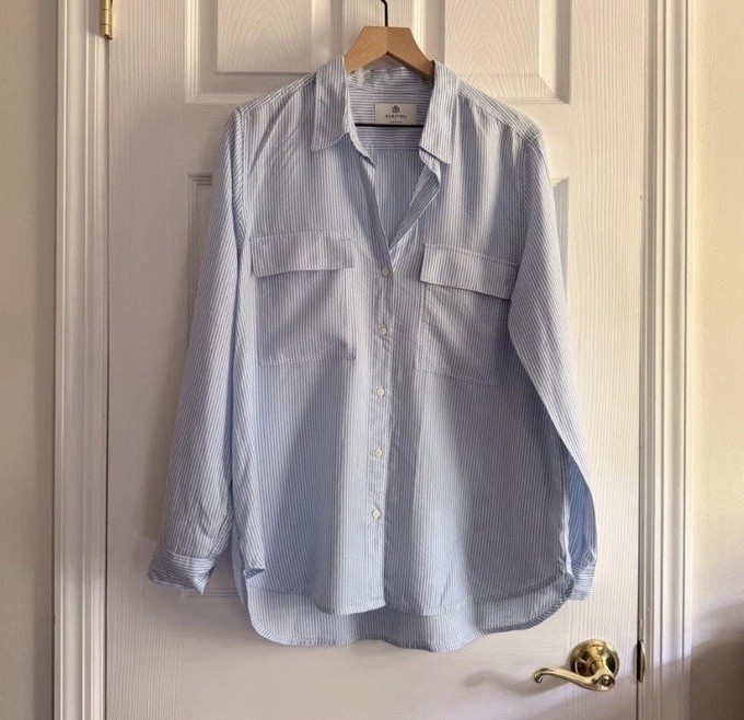 Babaton Blue/White Striped Collared Button-Up Shirt w/ Pockets Long Sleeve L
