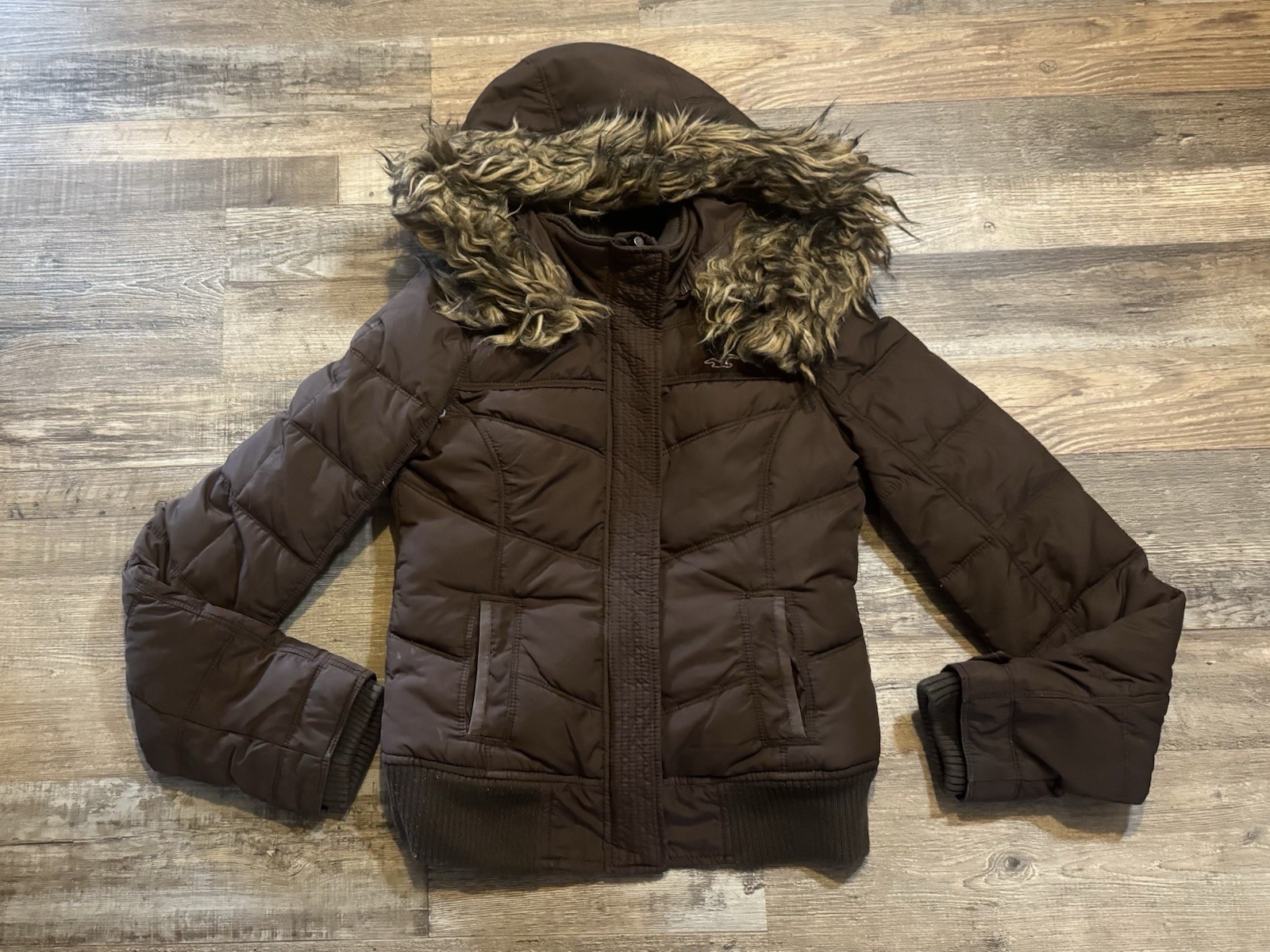 Vintage Hollister Jacket Womens Medium Brown Faux Fur Trim Fur Lined Down Filled