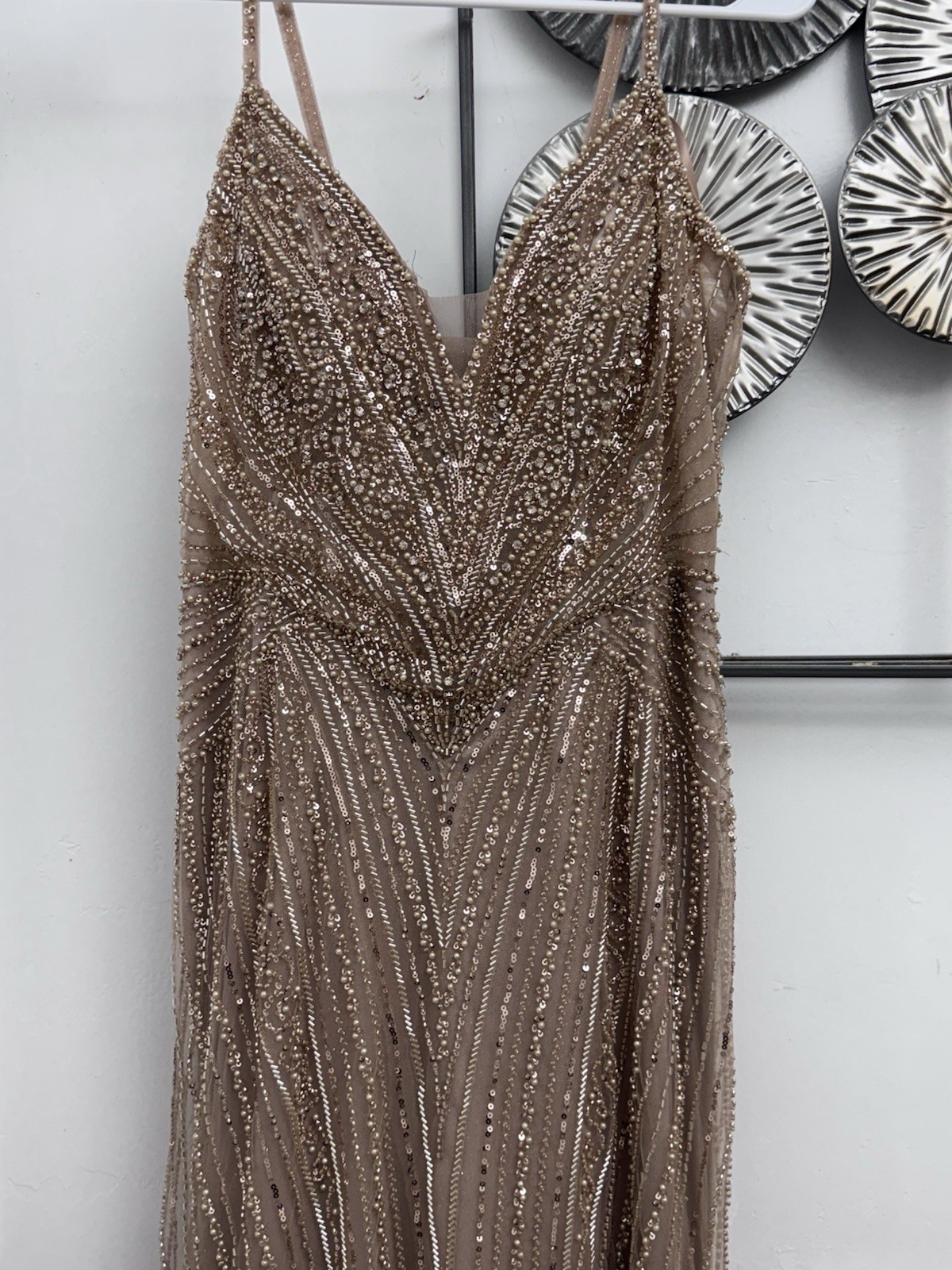 Ladivine by Cinderella Divine Champagne Beaded Sequin Mesh Gown Dress Size 12P