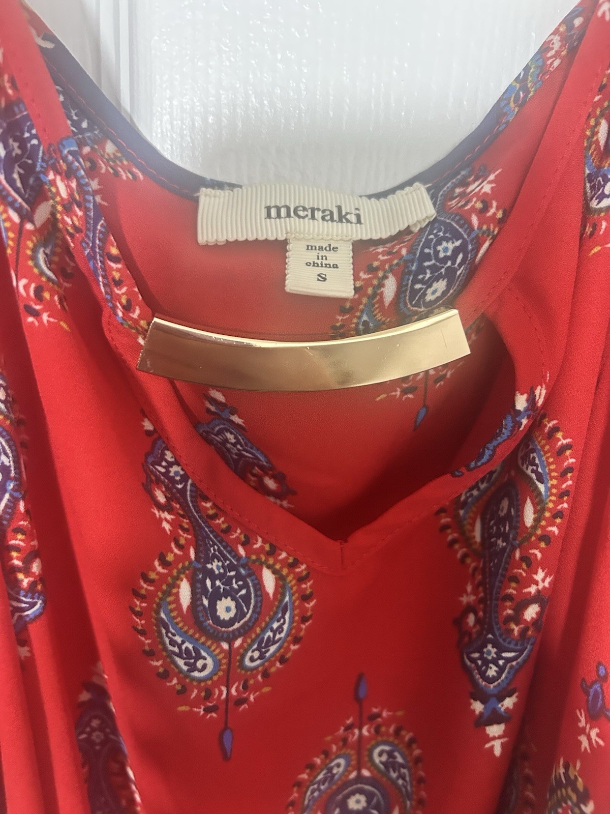 Meraki Red Paisley Cold Shoulder Blouse Small Boho V-Neck Gold Bar Top Festival