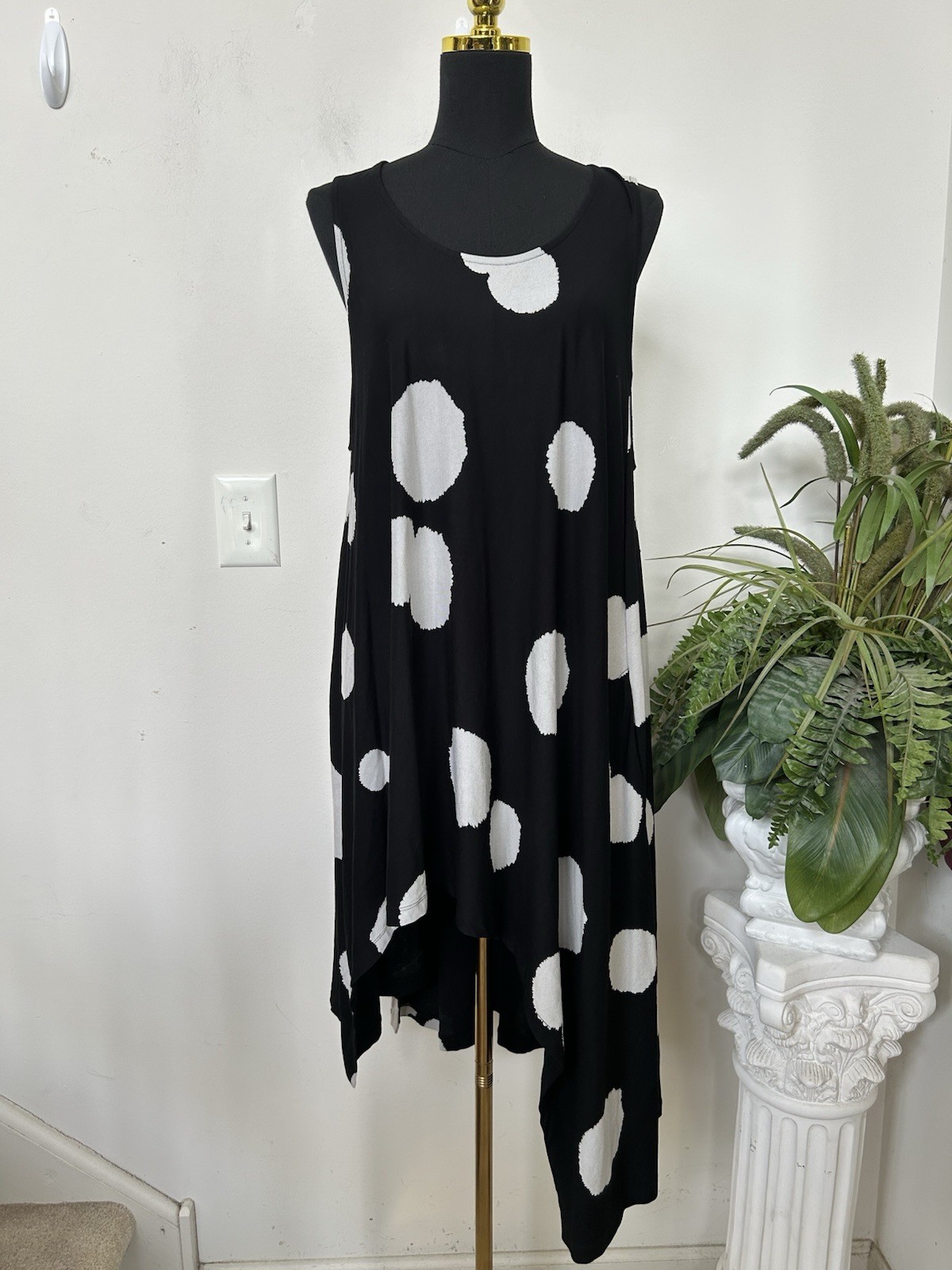 ALEMBIKA Black White Polka Dot Tunic Lagenlook Artsy Sleeveless Trapeze Top XL