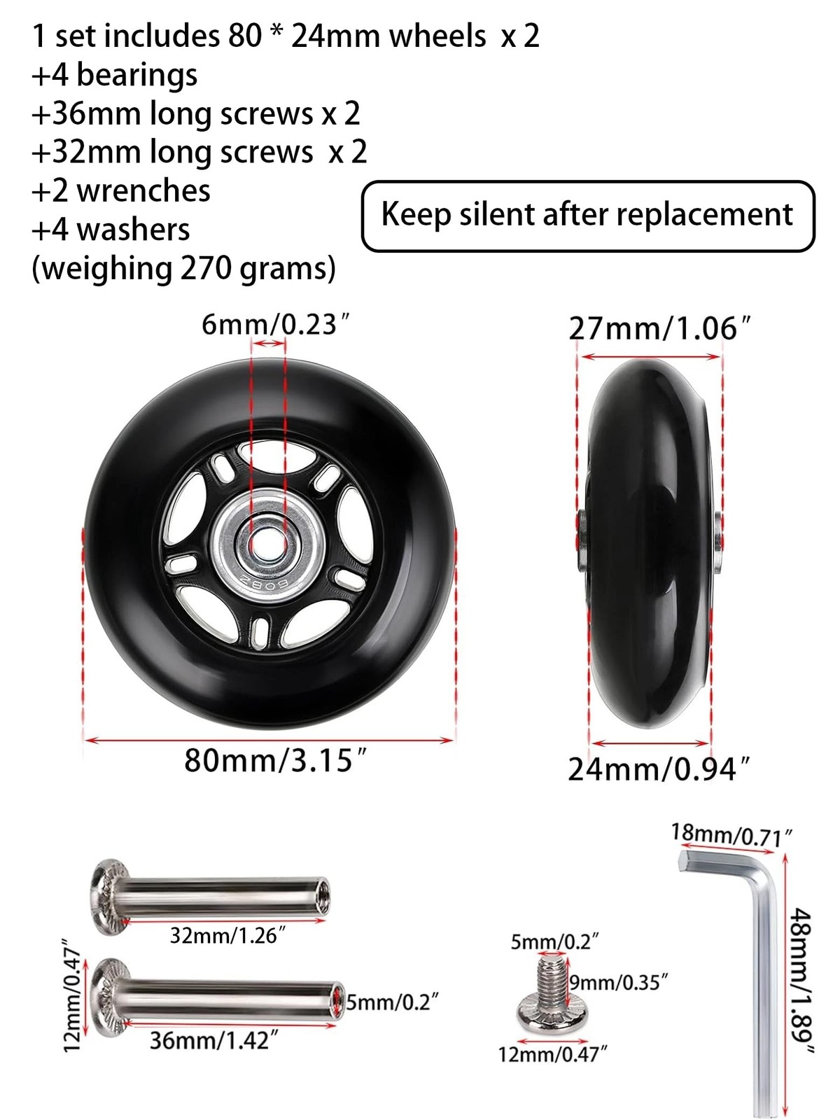 1 Set Black 80 x 24mm Luggage Wheels Replacement, Rubber Suitcase Wheels Repl