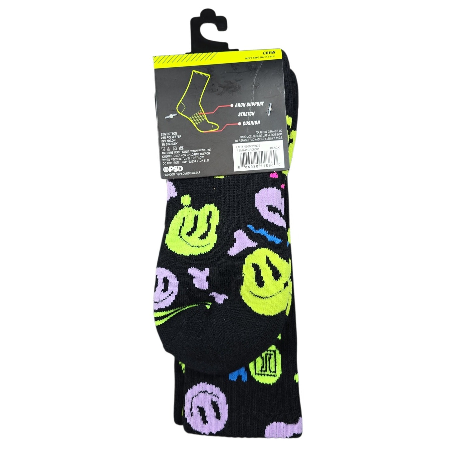 PSD Smiley Face Crew Socks Mens 6-12.5 Graphic Multicolor Novelty Streetwear NWT