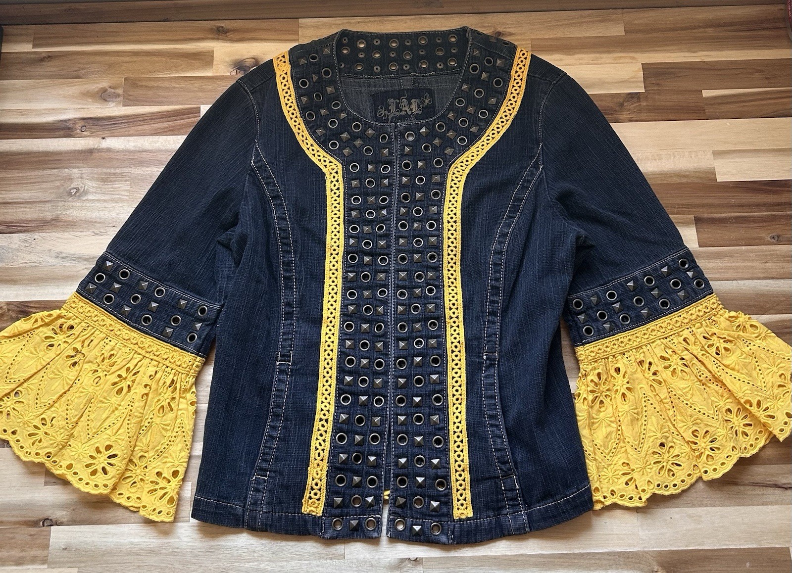 Live a Little Womens Studded Denim Jacket with Yellow Fabrics Size S