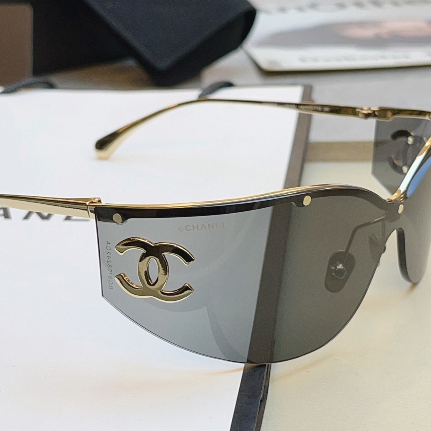 Chanel CH6058 Gold Shield Sunglasses Dark Grey Mirror Lens Large CC Logo Women