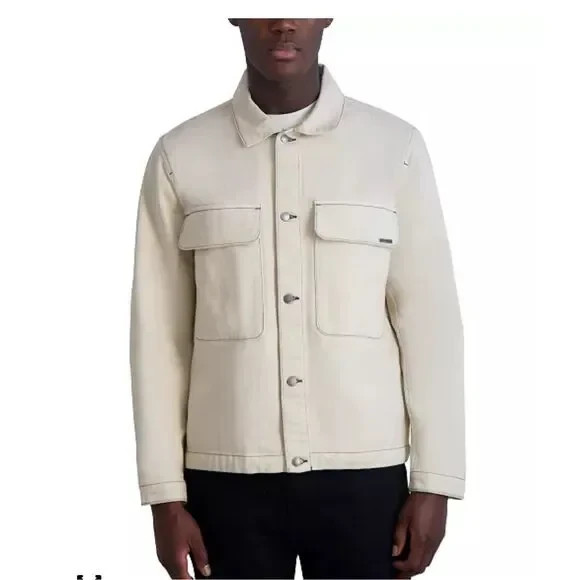 KARL LAGERFELD Paris Beige Denim Jean Jacket Garment-Dyed Cotton Button-Up S