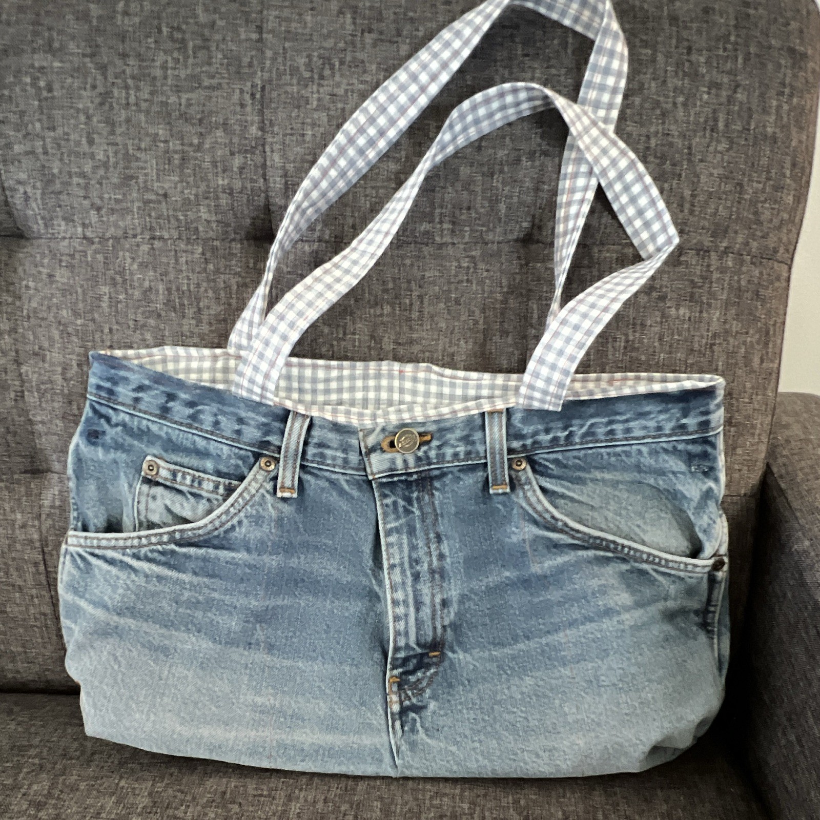Women’s Denim Tote Bag Gray/White Checkered Gingham Lined Double Shoulder Straps