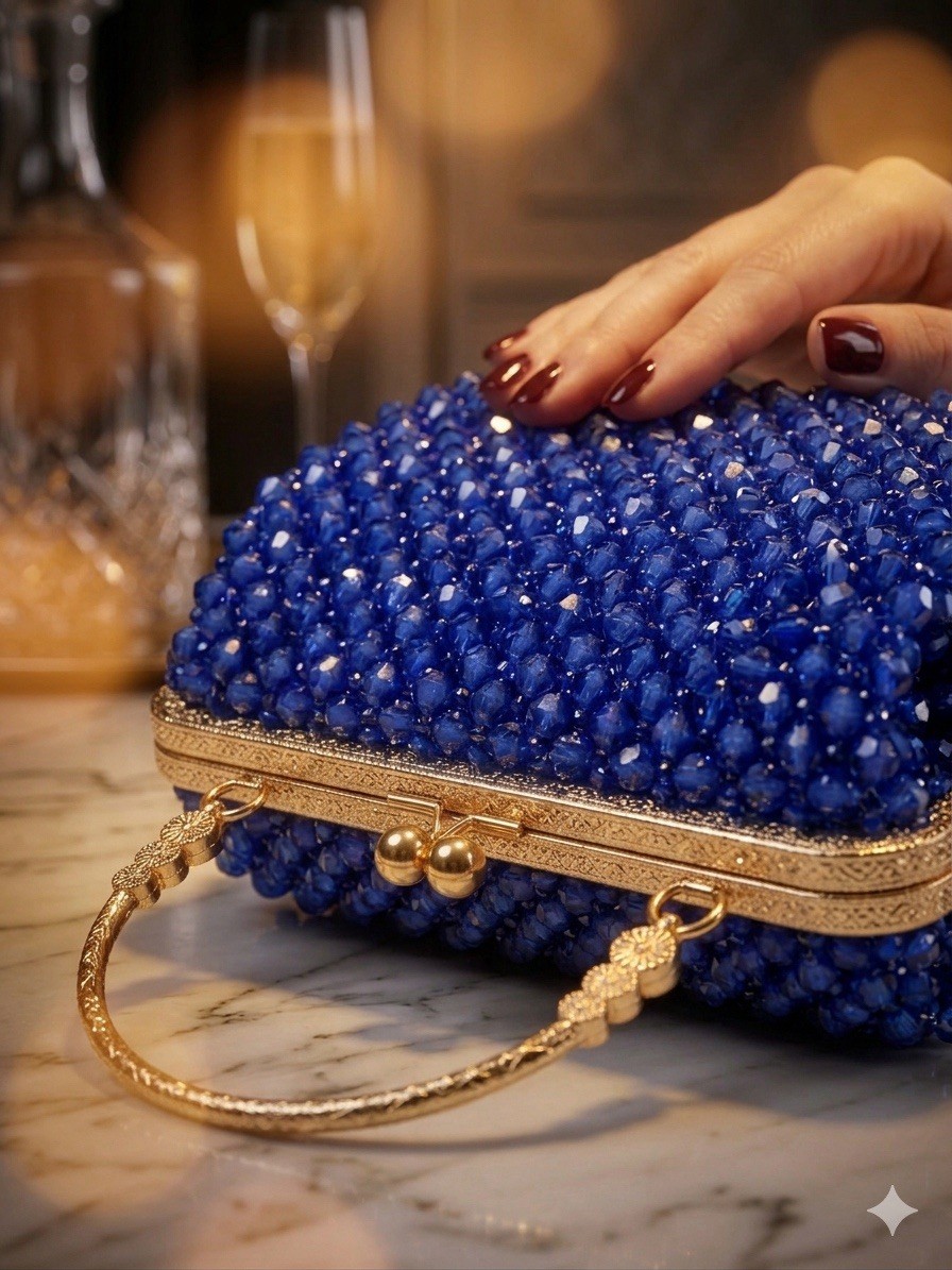 Women’s Blue Beaded Box Clutch, Gold Top Handle, Detachable Chain, Kiss Lock