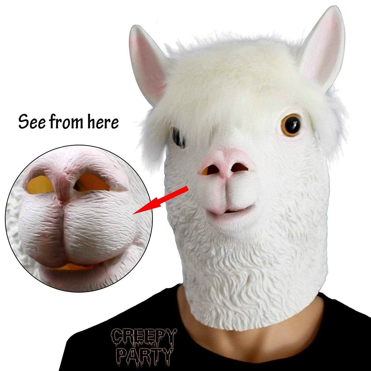 CreepyParty Alpaca Mask for Adults, Natural Latex One Roomy Adult Size, White