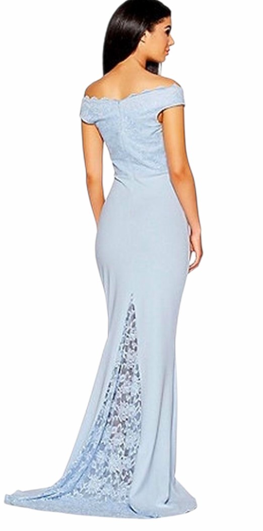 New Quiz Pale Blue Bardot Fishtail Lace Maxi Dress Size 16 RRP £69.99