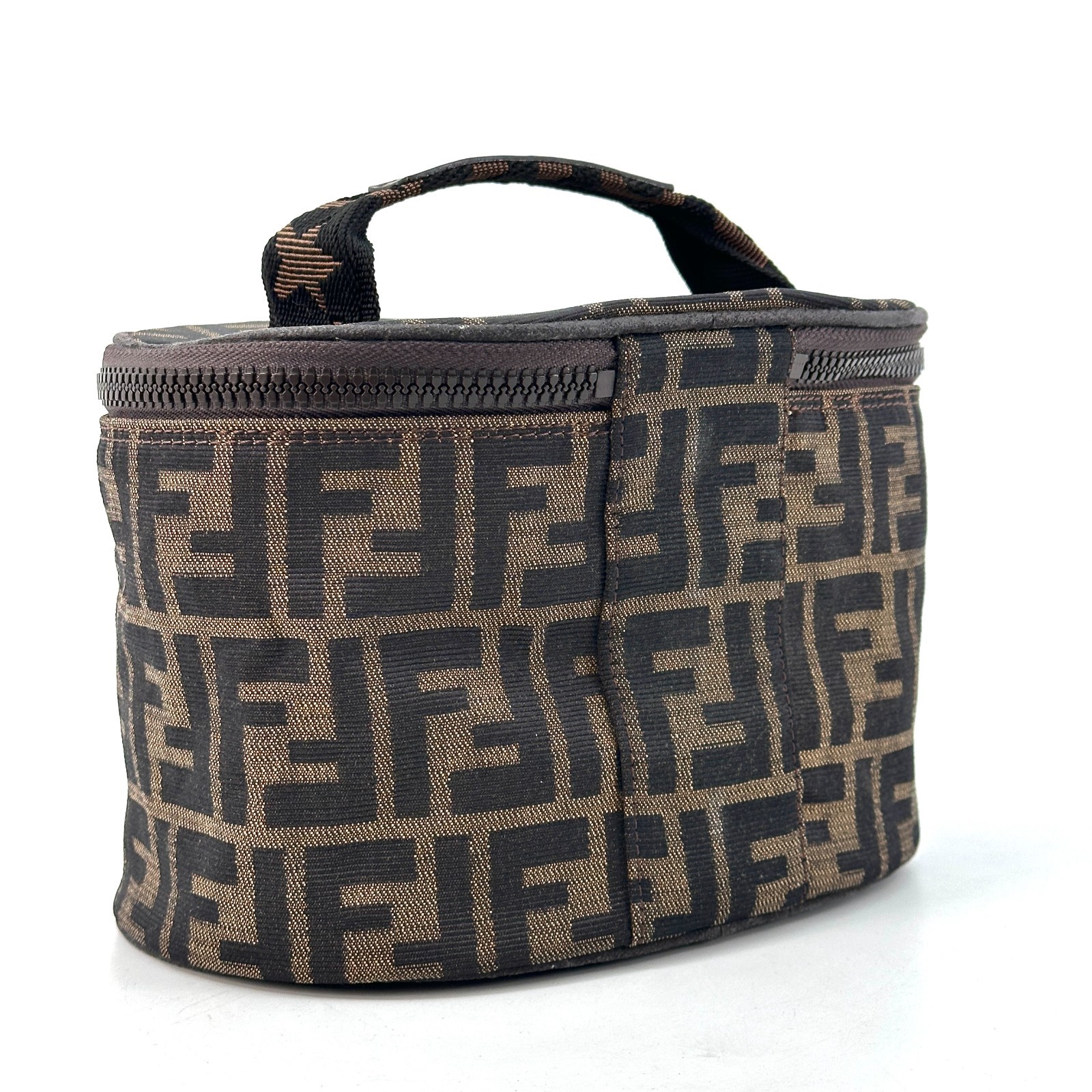 Fendi Zucca Pattern FF Vanity Bag Handbag Pouch Canvas Brown Authentic 0024