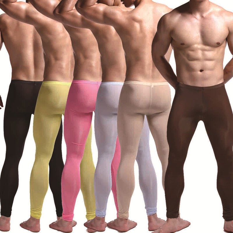 Men SexyLingerie Ice Silk Thin Long Johns Pants Leggings Sleepwear Underwear GYM