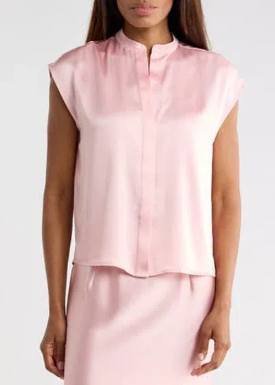 Vince M Medium Womens Blouse Rose Pink Satin Split V Cap Sleeve Popover $295