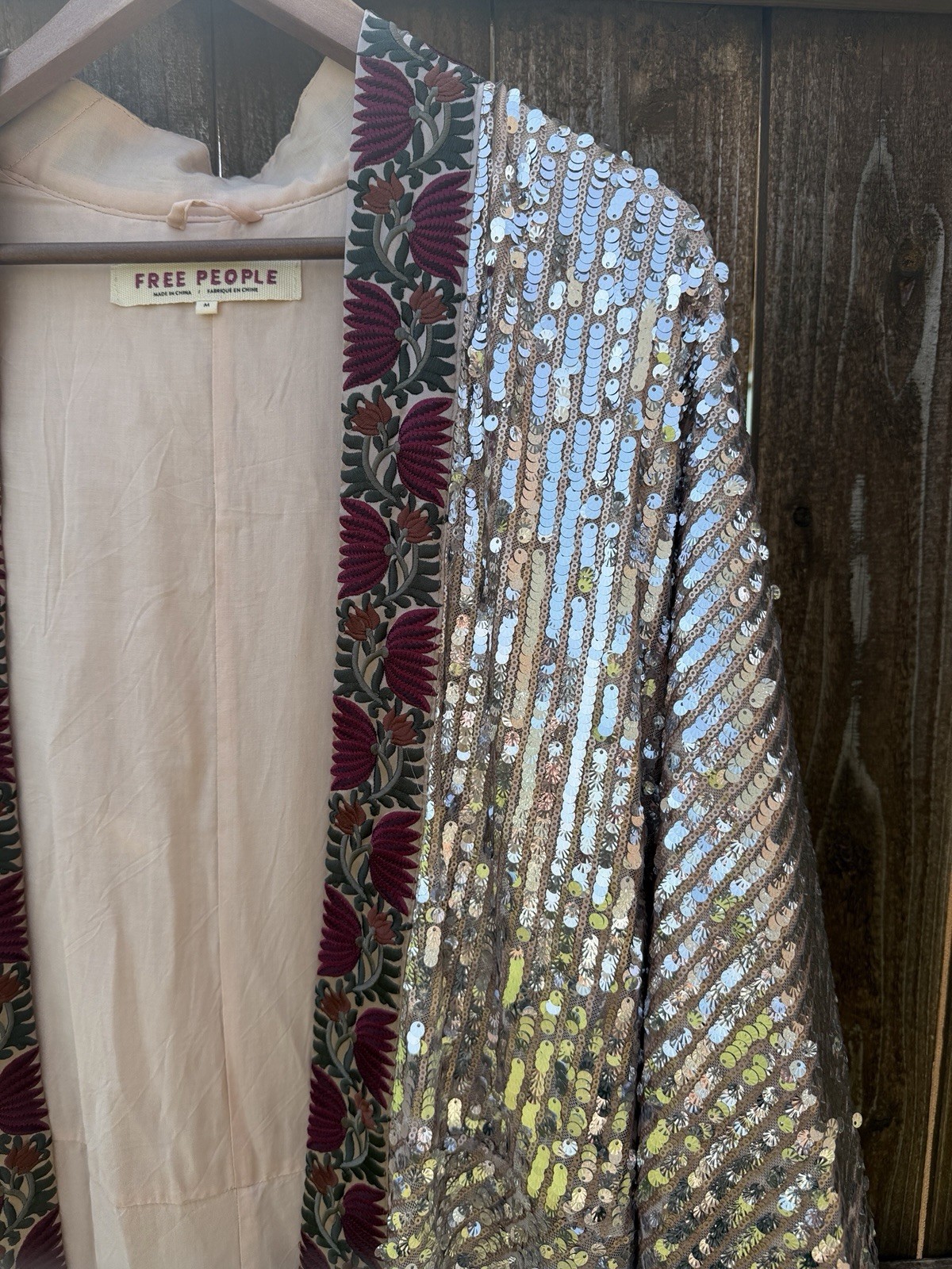 Free People Sequin Kimono Duster Silver Embellished Boho Festival Tassel OS
