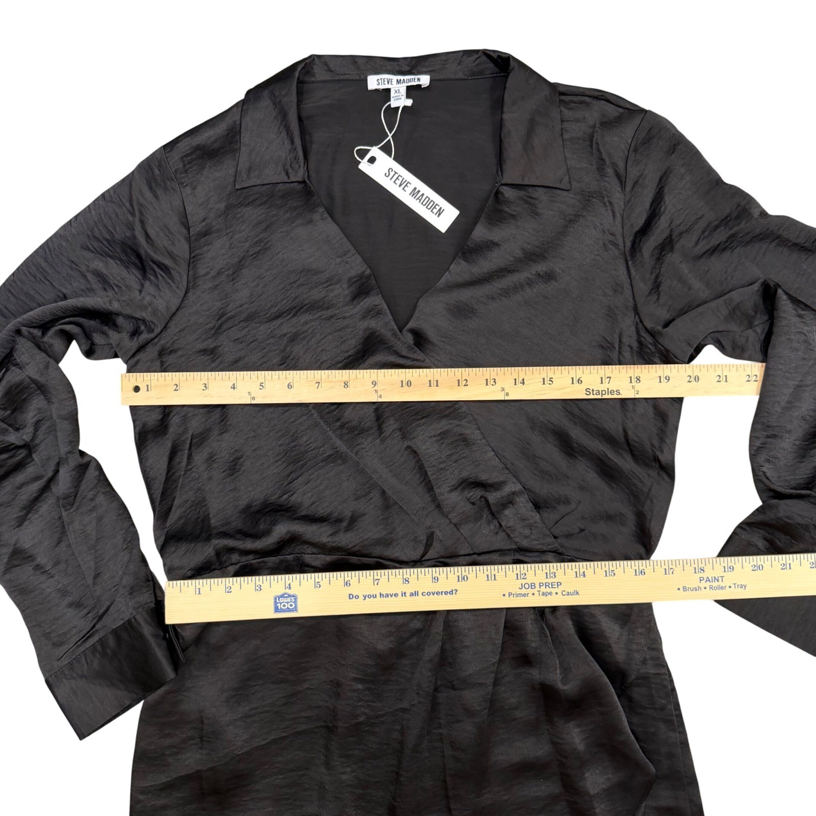 Steve Madden Washed Satin Faux Wrap Dress Size XL Black Long Sleeve Mini NWT