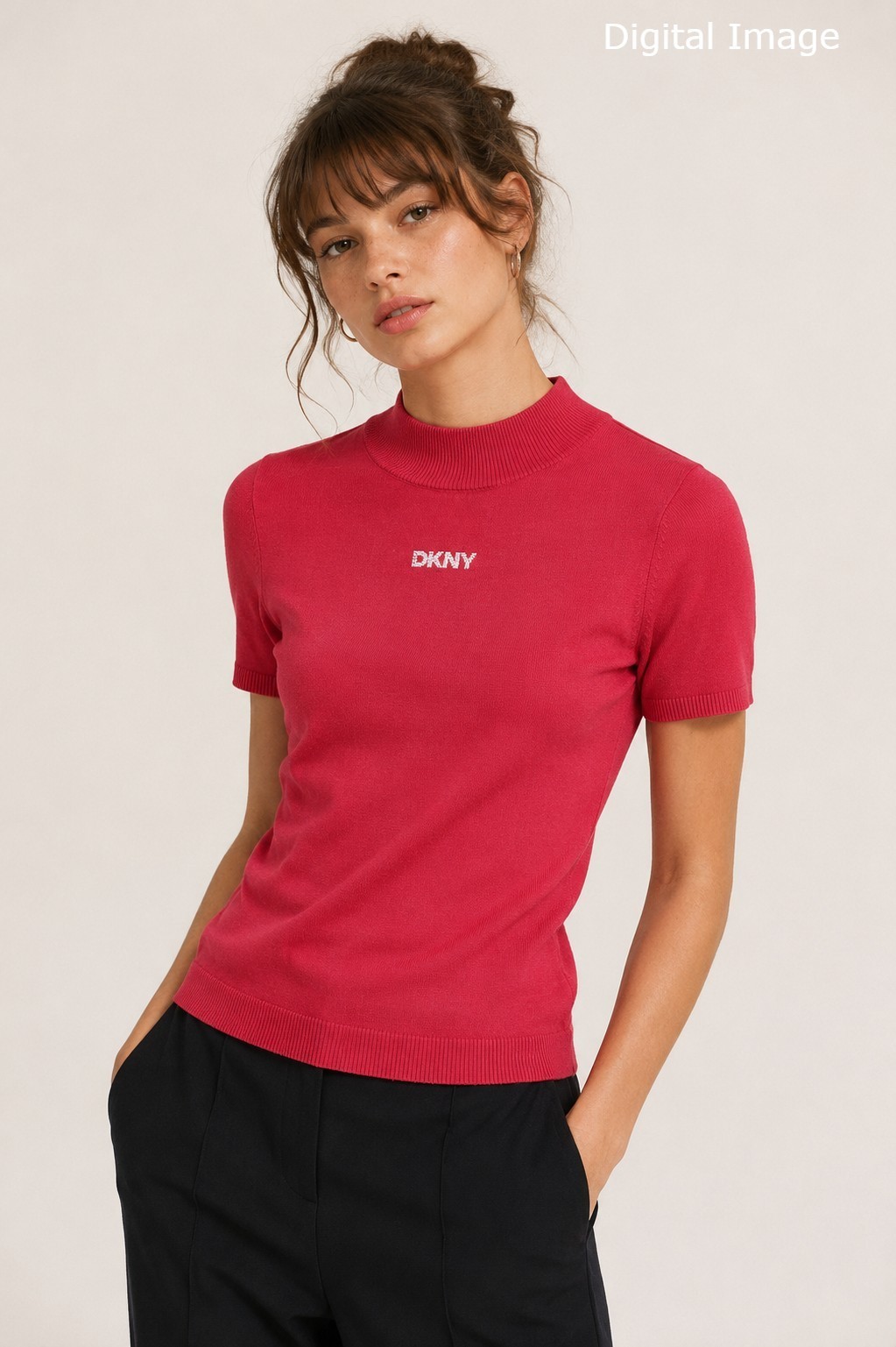 DKNY Jeans Knit Top M Womens Red Mock Neck Short Sleeve Rhinestone Logo