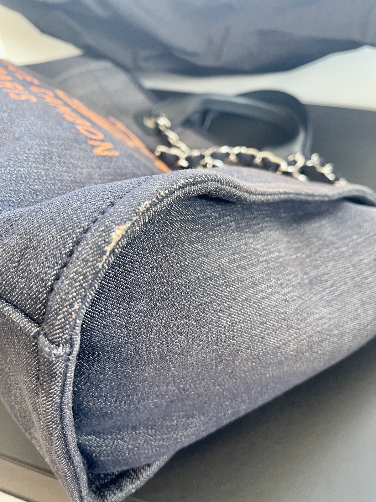 CHANEL Deauville Large Denim Tote Bag Navy Blue, Orange
