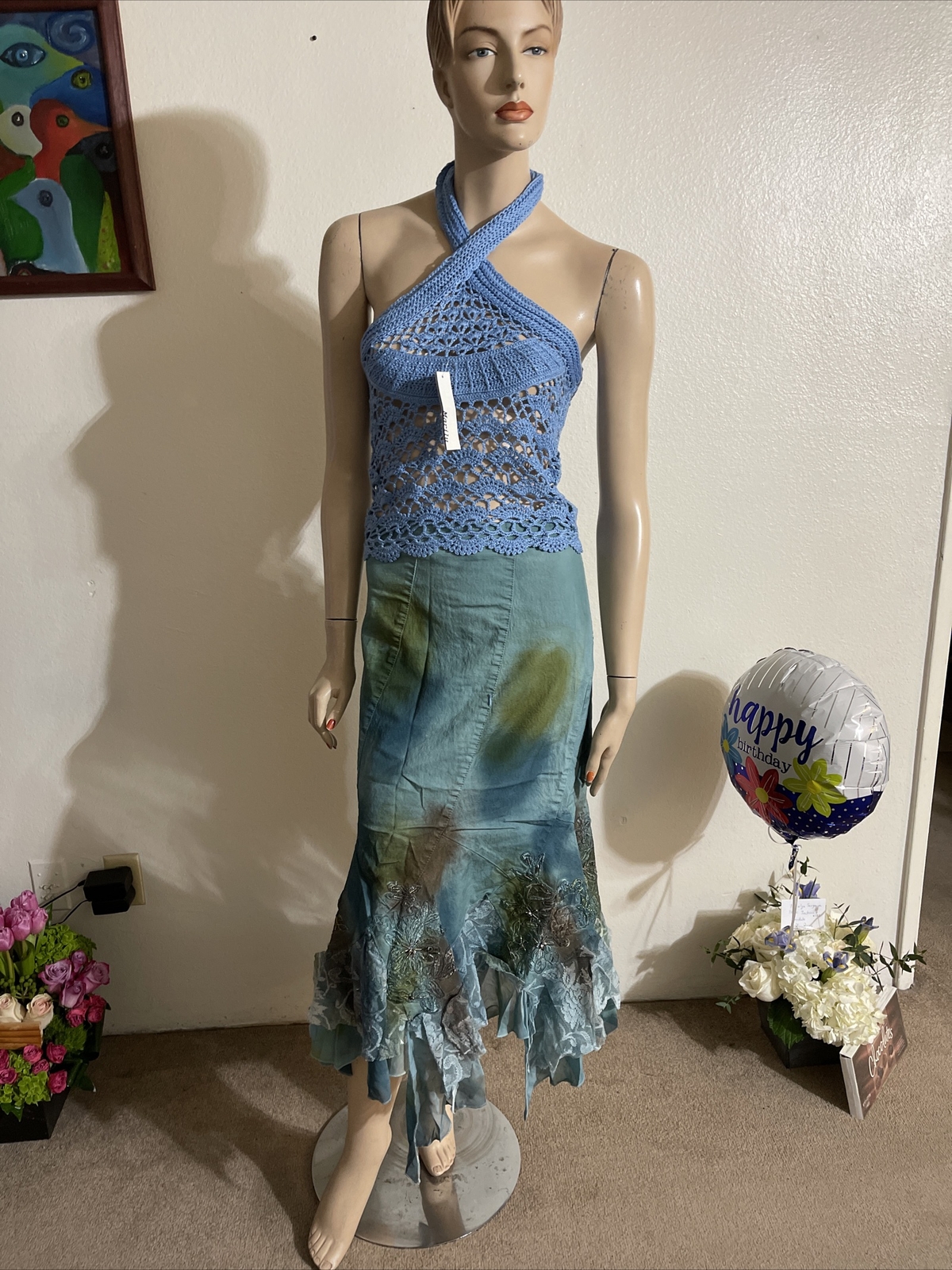 Blue Denim Cotton lace beaded embroidery Ruffle Size Size S(4-6) skirt SK733